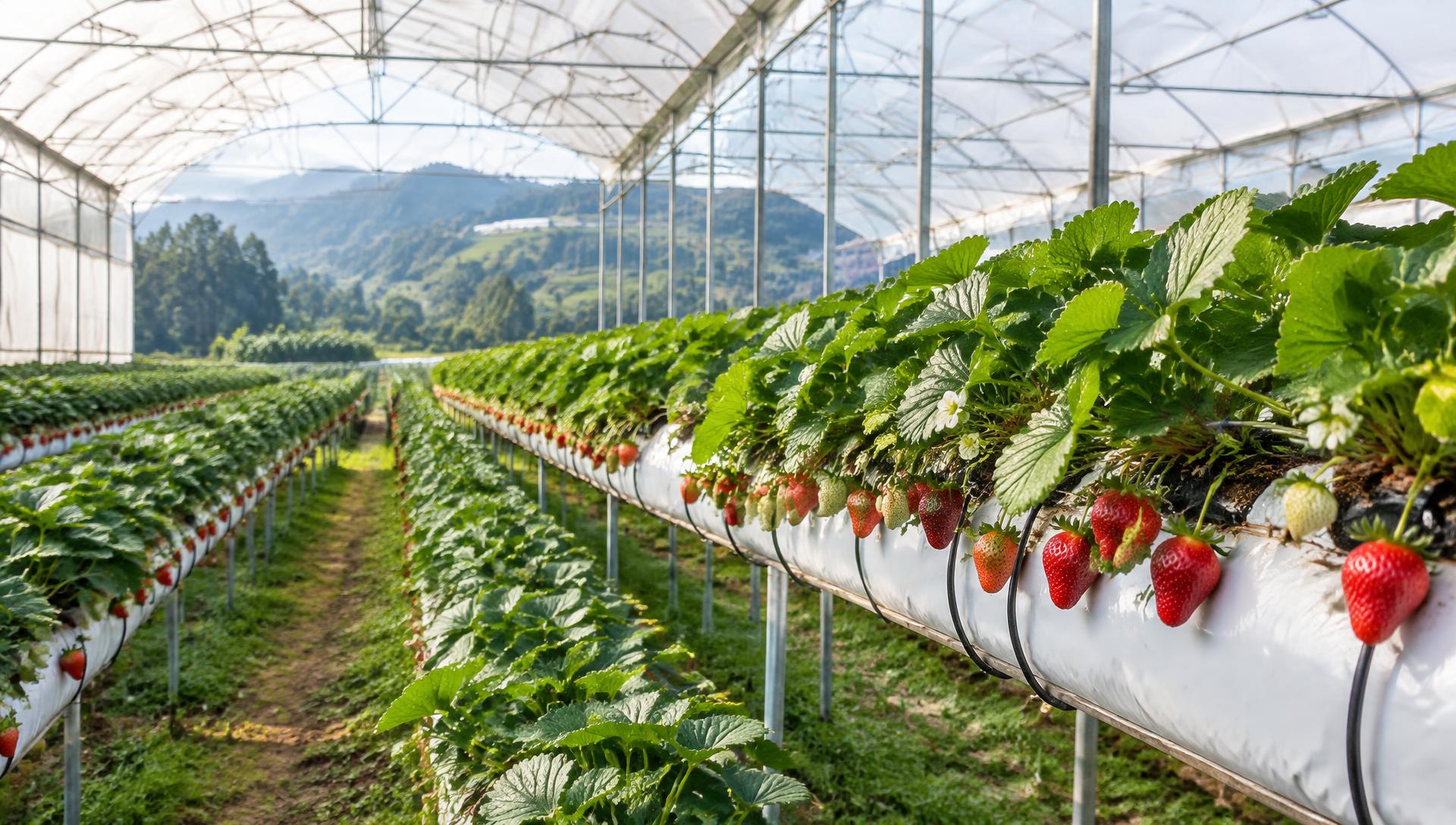 Illustrative strawberry polyhouse with the green Nilgiri hills beyond